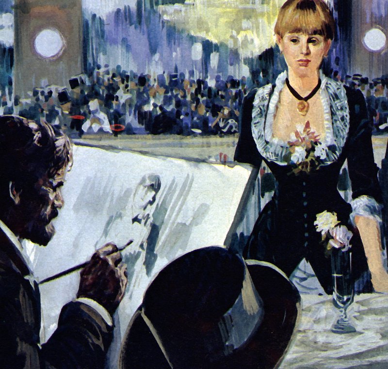 Manet peignant la fille derrière le bar des Folies-Bergères (lithographie couleur) - Luis Arcas Brauner