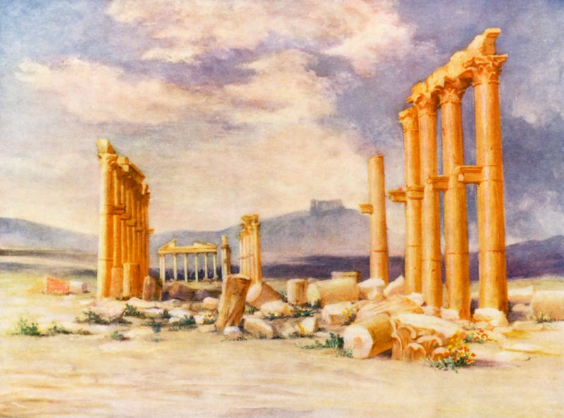 Colonnade, Palmyre, avec le château druze au loin - Margaret Thomas