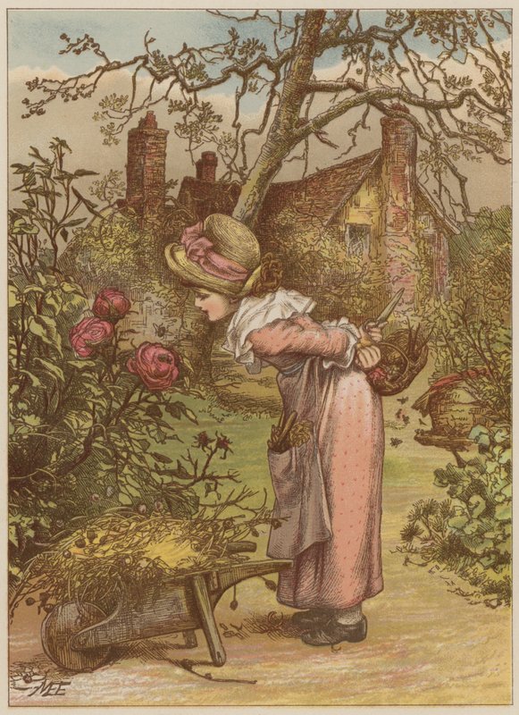 Fille regardant une abeille dans le jardin - Mary Ellen Edwards