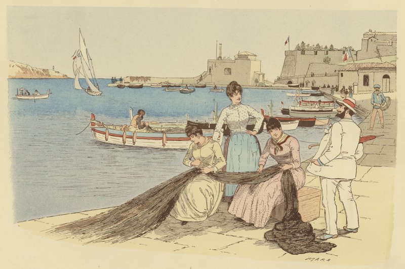 Un homme discutant avec un groupe de femmes réparant des filets de pêche dans la ville de Villefranche, France - Maurice Charles Mathieu Bonvoisin