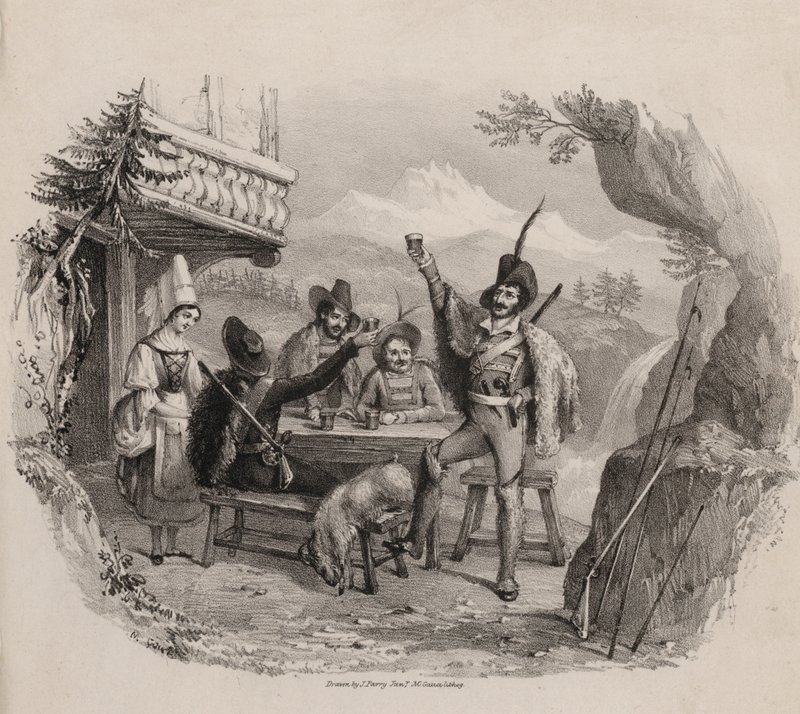 Chasseurs dans les montagnes buvant dans une taverne (gravure) - Maxim Gauci