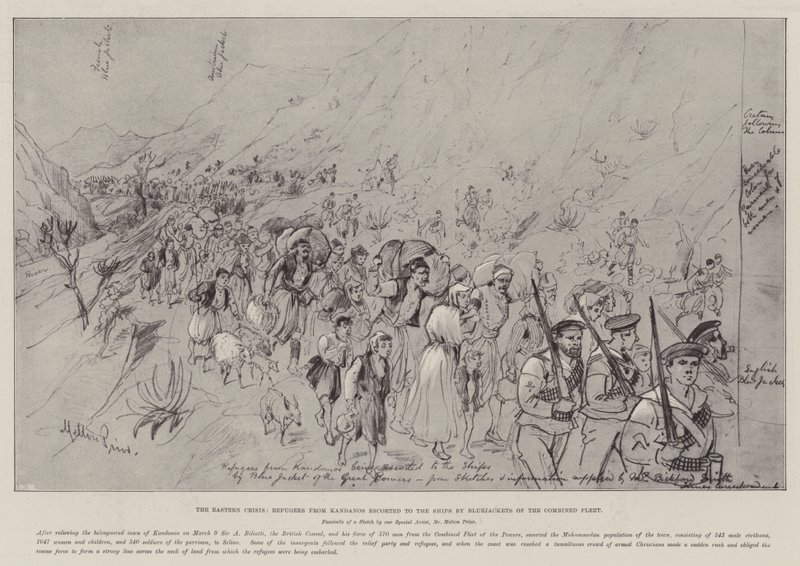 La crise orientale, réfugiés de Kandanos escortés vers les navires par des marins de la flotte combinée - Melton Prior