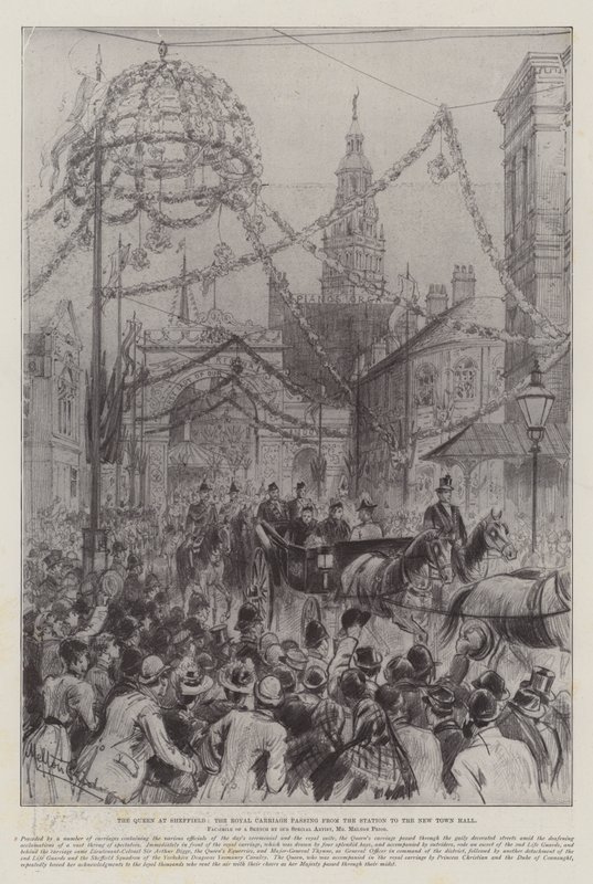La Reine à Sheffield, le Carrosse Royal passant de la gare à la nouvelle mairie - Melton Prior