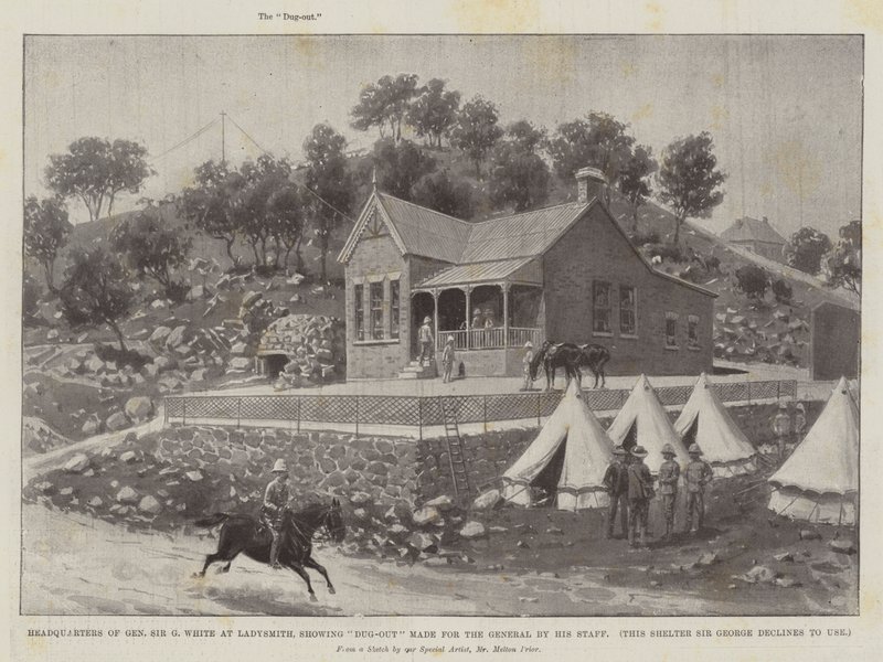 Quartier général du général Sir G White à Ladysmith, montrant un abri creusé pour le général par son état-major - Melton Prior