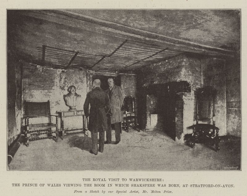 La visite royale dans le Warwickshire, le prince de Galles visitant la chambre où Shakspere est né, à Stratford-on-Avon - Melton Prior