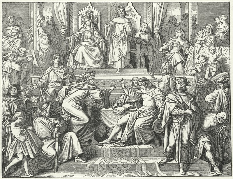Le Sangerkrieg, un concours entre ménestrels au château de Wartburg en Thuringe en 1207 (gravure) - Moritz Ludwig von Schwind