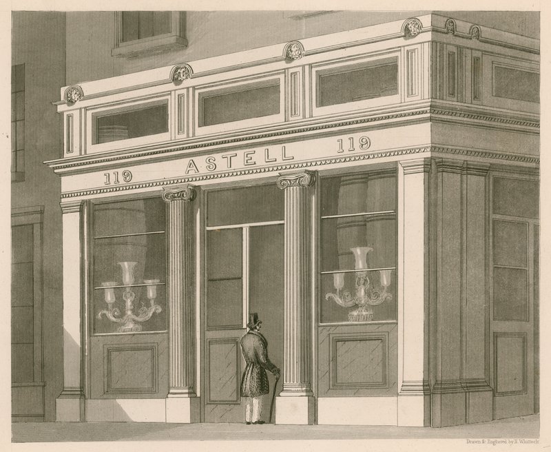 Façade de magasin pour Astell, entrepôt de vins et spiritueux, Grafton Street, Tottenham Court Road - Nathaniel Whittock