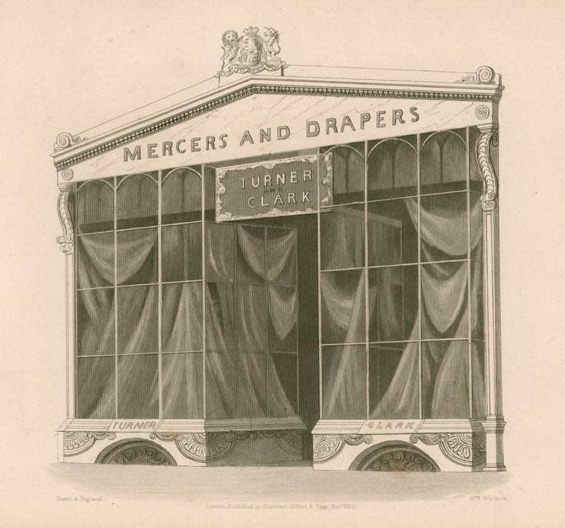 Devanture de magasin pour Messieurs Turner et Clark, Mercers et Drapers, Coventry Street, Londres - Nathaniel Whittock