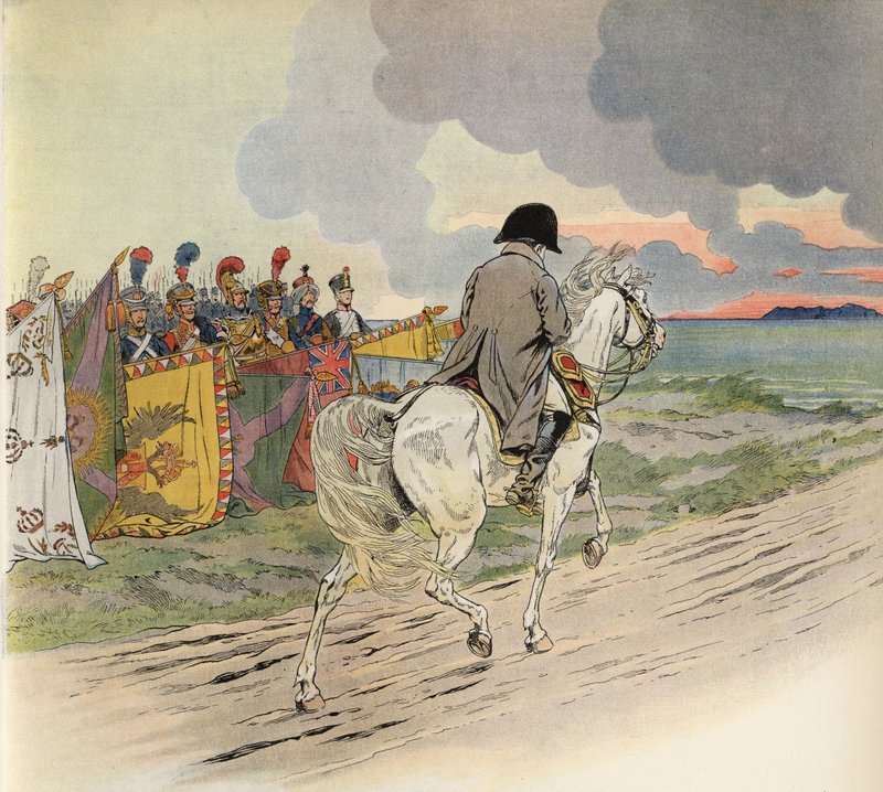 Image imaginaire de Napoléon à cheval, recevant le respect des soldats d