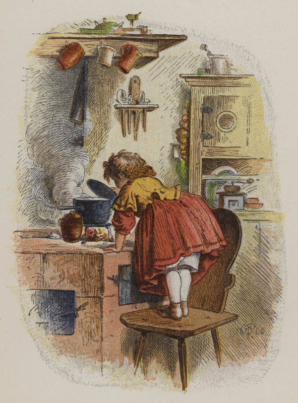 Petite fille regardant dans une casserole sur une cuisinière - Oskar Pletsch