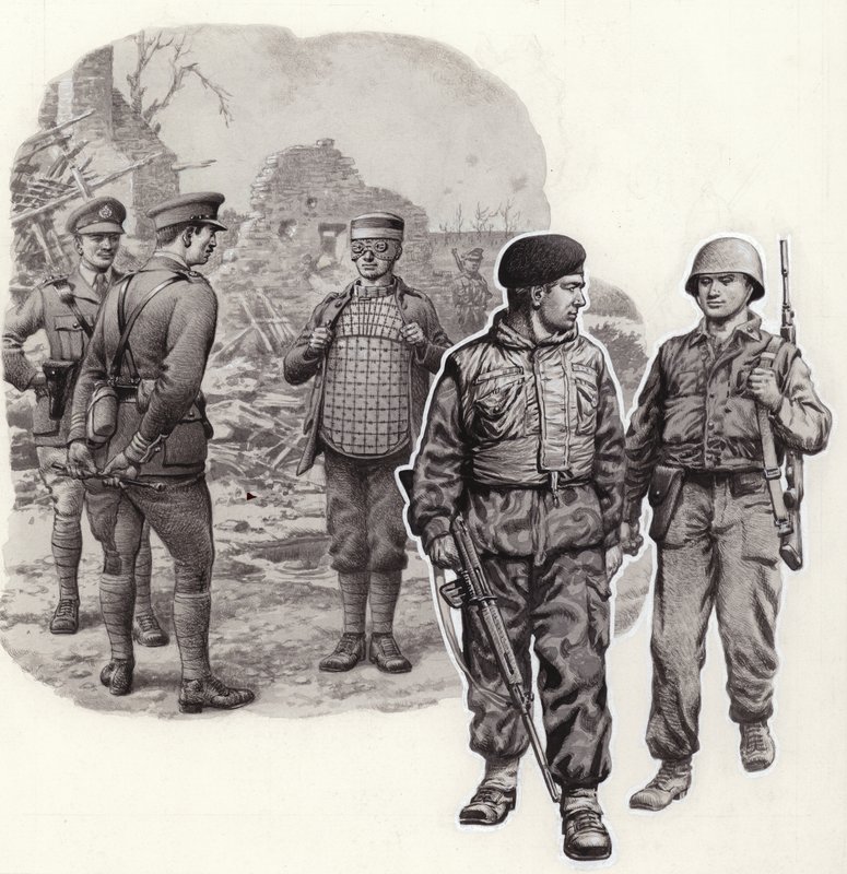 Gilets pare-balles de la Seconde Guerre mondiale à nos jours (gouache sur papier) - Pat (1907-95) Nicolle