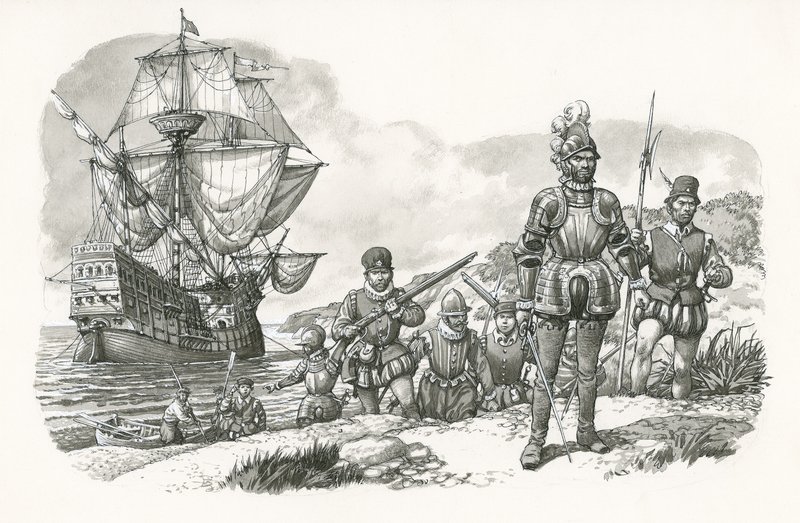 Premiers Européens arrivant en Californie (gouache sur papier) - Pat (1907-95) Nicolle