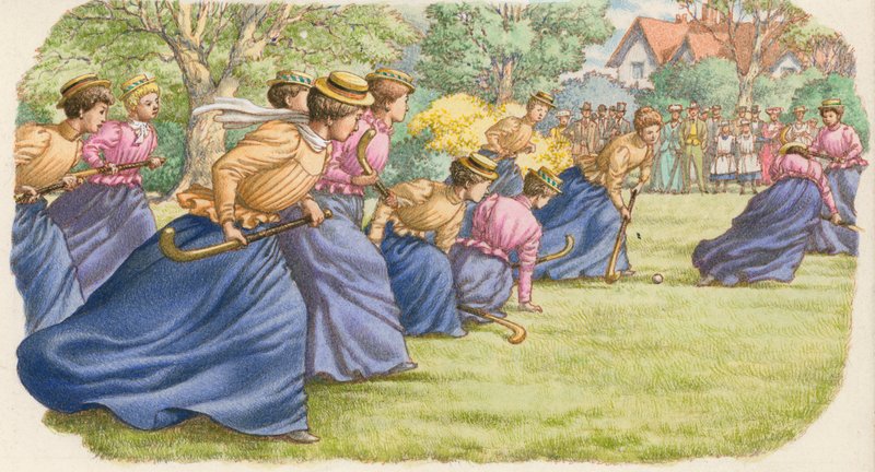 Le hockey, tel que pratiqué par les femmes en jupes longues (gouache sur papier) - Pat (1907-95) Nicolle