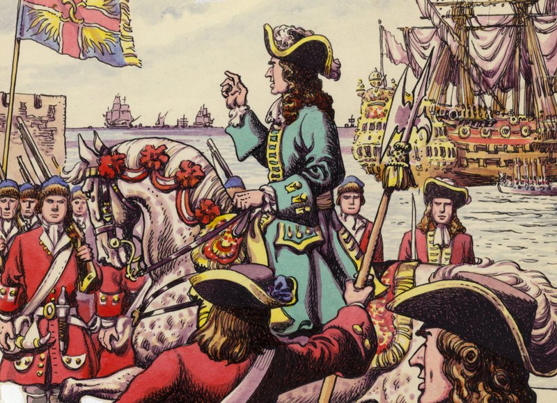 Débarquement du roi Guillaume III à Carrickfergus (gouache sur papier) - Pat (1907-95) Nicolle