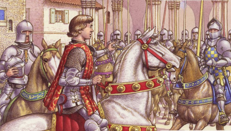 Lorenzo de Medici passe en revue les soldats fidèles sur la Piazza di Signoria à Florence (gouache sur papier) - Pat (1907-95) Nicolle