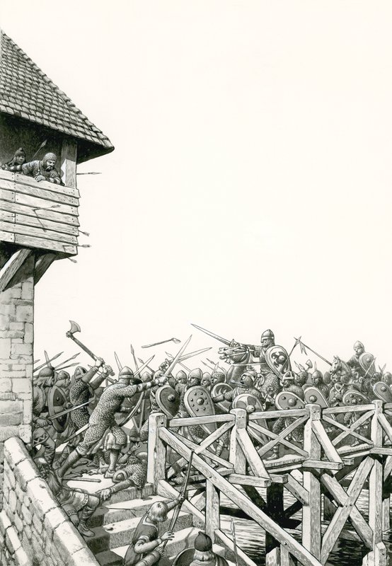 Conquête normande : troupes remontant la Tamise (gouache sur papier) - Pat (1907-95) Nicolle