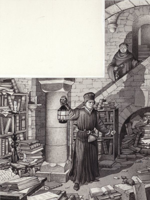 Poggio Bracciolini dans la bibliothèque délaissée du monastère de Saint-Gall (gouache sur papier) - Pat (1907-95) Nicolle
