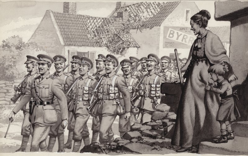 Soldats britanniques en marche (gouache sur papier) - Pat (1907-95) Nicolle