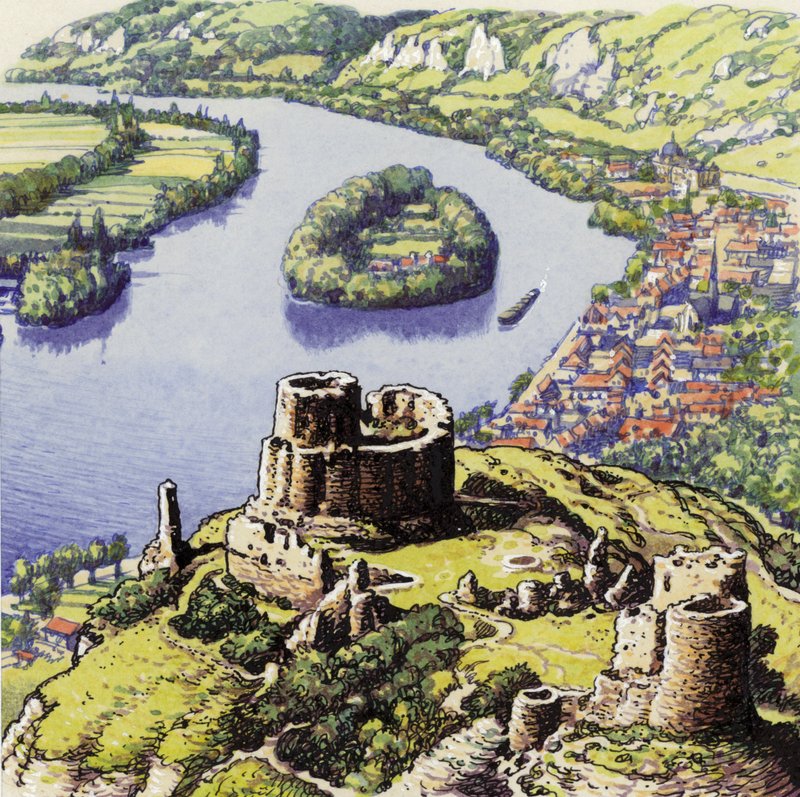 Château Gaillard, également connu sous le nom de Nouveau Château du Rocher (gouache sur papier) - Pat (1907 95) Nicolle