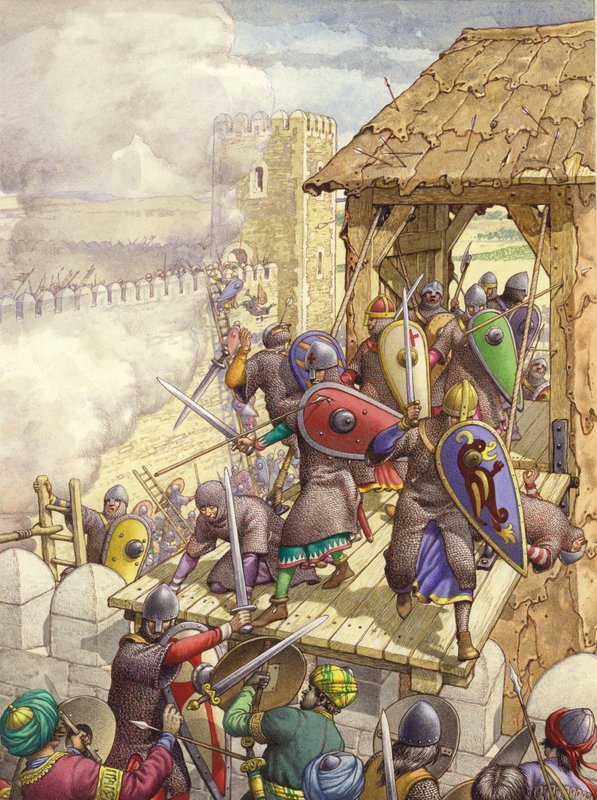 Les forces de Godefroy de Bouillon franchissent les murs de Jérusalem (gouache sur papier) - Pat (1907 95) Nicolle