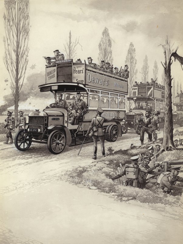 Bus londoniens utilisés pour transporter les troupes vers le front pendant la Première Guerre mondiale (gouache sur papier) - Pat (1907 95) Nicolle