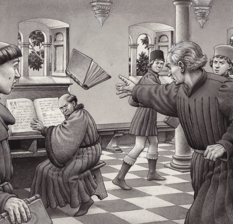Poggio Bracciolini jette un livre sur un confrère, Tortelli (gouache sur papier) - Pat (1907 95) Nicolle