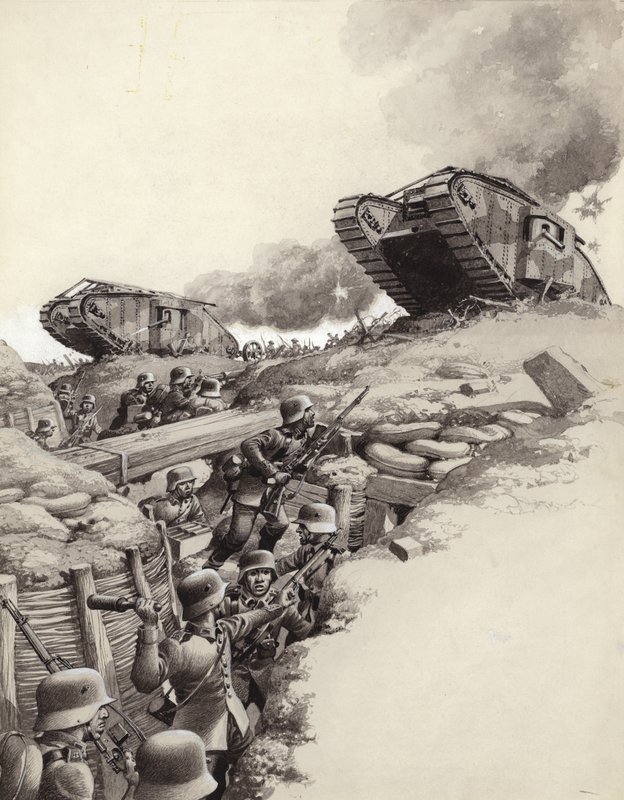 Des chars roulent sur les tranchées allemandes pendant la Grande Guerre (gouache sur papier) - Pat (1907 95) Nicolle