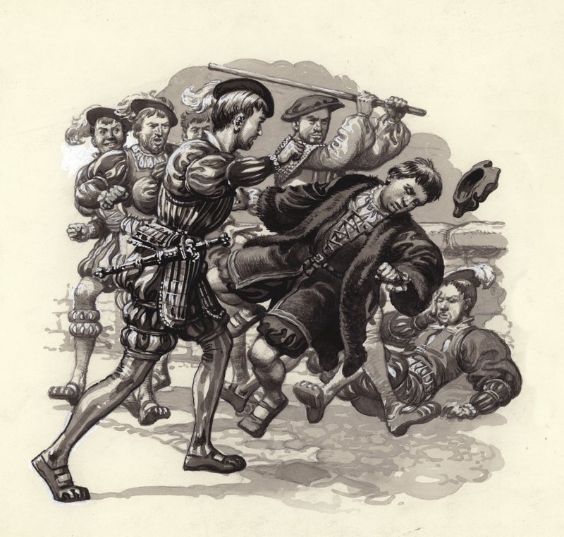 William Herbert attaque un passant innocent à Bristol (gouache sur papier) - Pat (1907 95) Nicolle