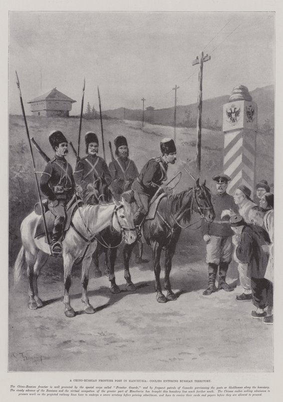 Un poste frontière sino-russe en Mandchourie, Coolies entrant en territoire russe - Paul Frenzeny
