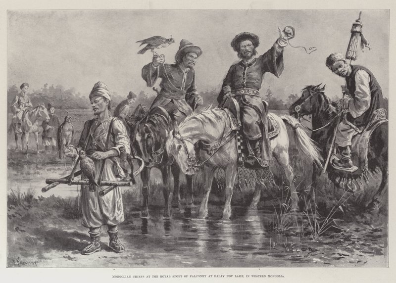 Chefs mongols au sport royal de la fauconnerie au lac Dalay Nov, en Mongolie occidentale - Paul Frenzeny