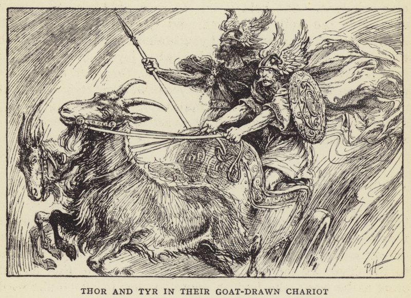 Thor et Tyr dans leur char tiré par des chèvres - Paul Hardy