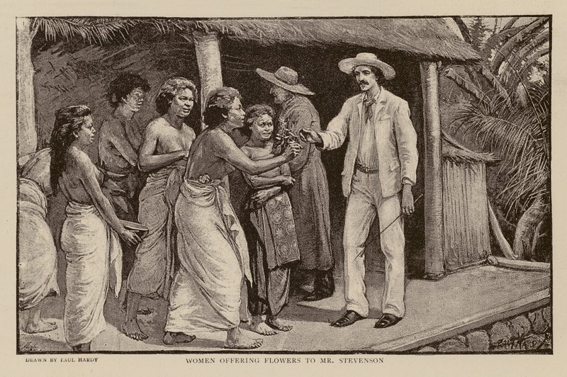 Femmes offrant des fleurs à Robert Louis Stevenson (gravure) - Paul Hardy