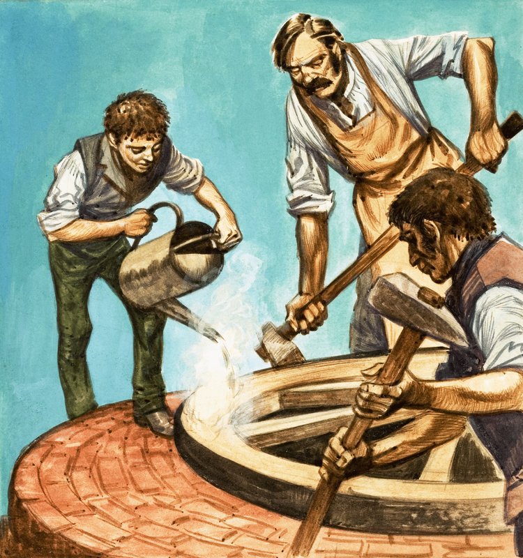 Il était une fois... la vie villageoise il y a cent ans. Charrons mettant le cerceau de fer sur une roue - Peter Jackson