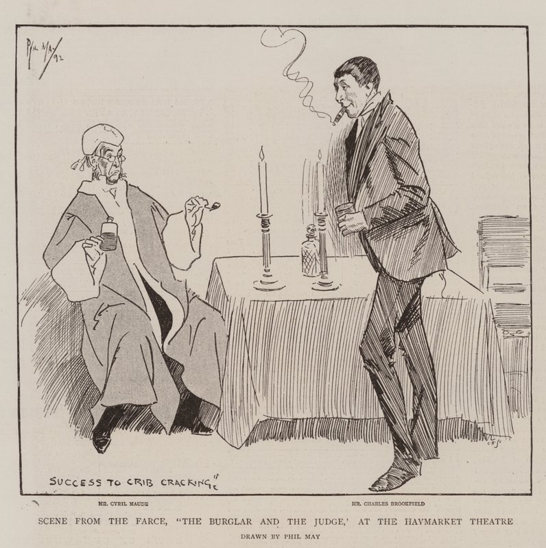 Scène de la farce, Le cambrioleur et le juge, au théâtre Haymarket - Phil May