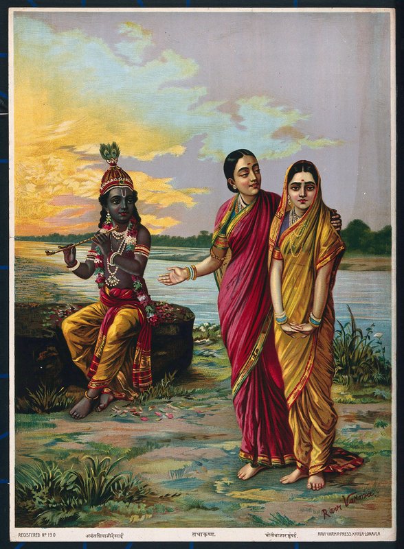 Krishna déclarant son amour à Radha via une confidente, après 1900 - Raja Ravi Varma