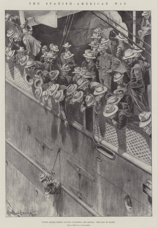 La guerre hispano-américaine, troupes américaines quittant la Californie pour Manille, les dernières à bord - Ralph Cleaver