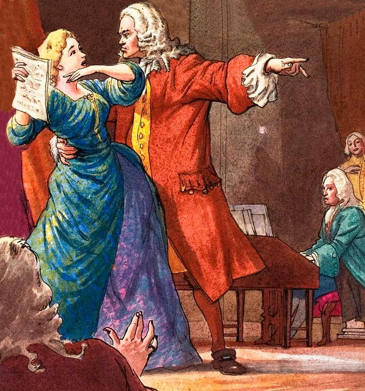Haendel est montré cherchant à contrôler une chanteuse d