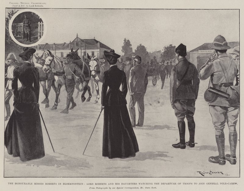 Les honorables demoiselles Roberts à Bloemfontein, Lord Roberts et ses filles regardant le départ des troupes pour rejoindre le général Pole-Carew - Ralph Cleaver