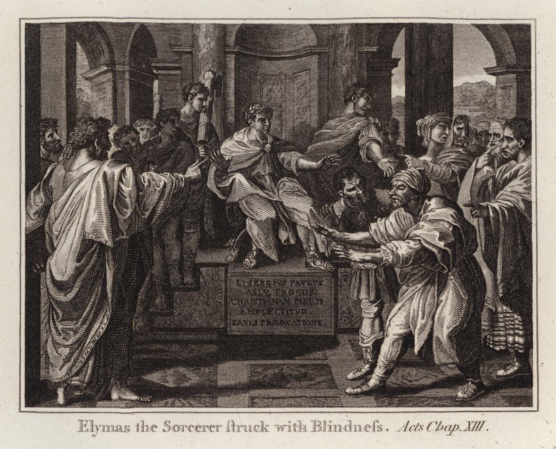 Carton de Raphaël : Elymas le Sorcier frappé de cécité, Actes, Chap XIII (gravure) - after Raphael