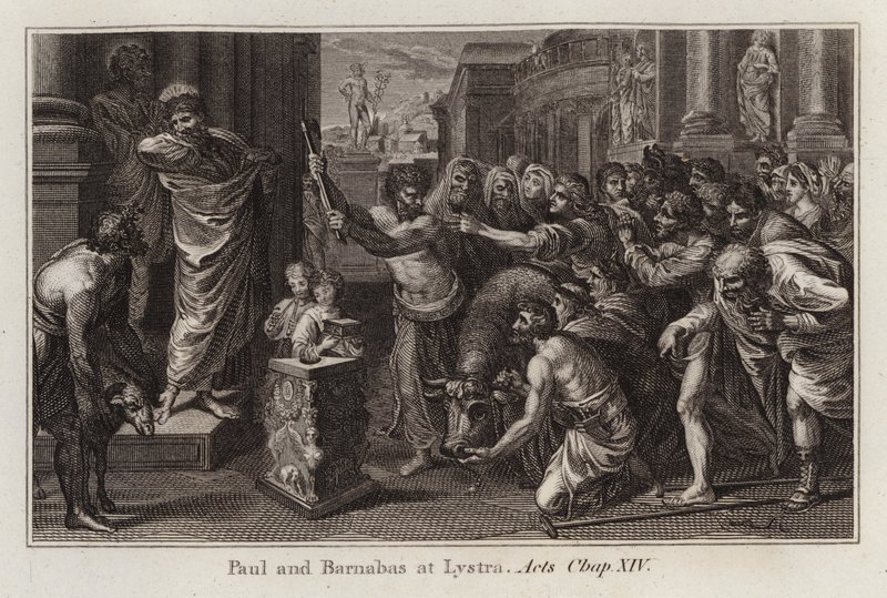 Carton de Raphaël : Paul et Barnabas à Lystre, Actes, Chap XIV (gravure) - after Raphael