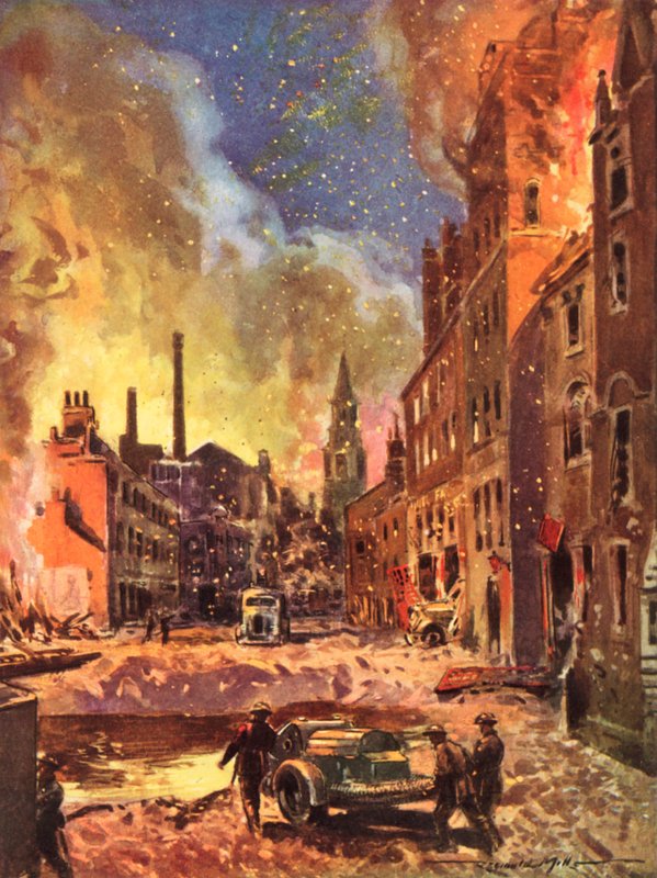 Pompiers du Service national des incendies britannique en temps de guerre inspectant un grand cratère de bombe pendant le Blitz, Seconde Guerre mondiale - Reginald Mills