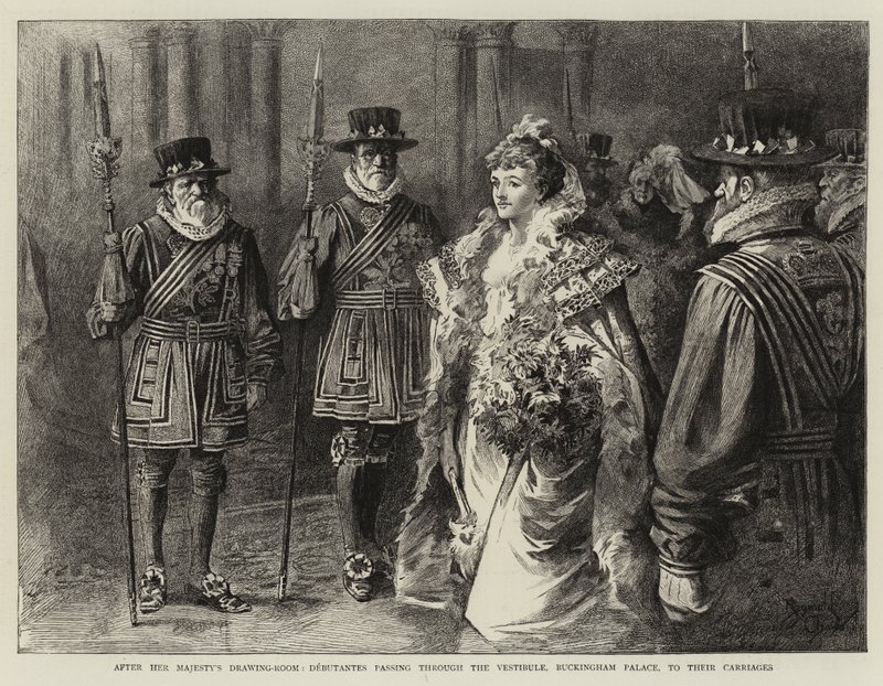 Après le Drawing-Room de Sa Majesté, les débutantes traversant le Vestibule, Buckingham Palace, pour se rendre à leur carrosse (gravure) - Reginald Thomas Cleaver