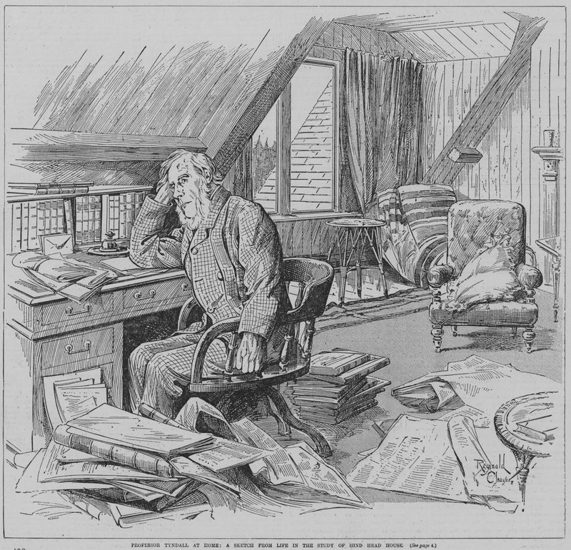 Le physicien anglais John Tyndall dans le bureau de sa maison, Hindhead House, Haslemere, Surrey (gravure) - Reginald Thomas Cleaver