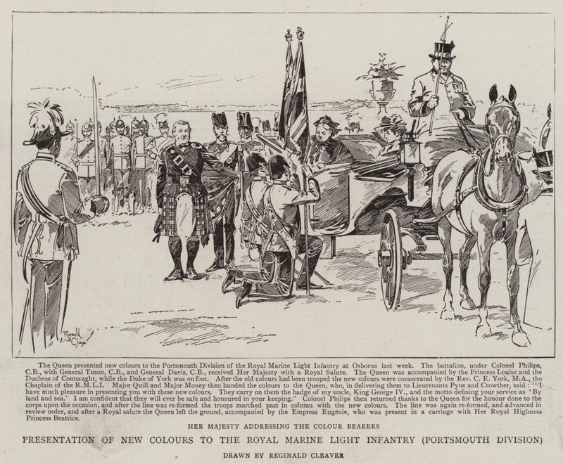 Présentation des nouveaux drapeaux à la Royal Marine Light Infantry, Portsmouth Division (litho) - Reginald Thomas Cleaver