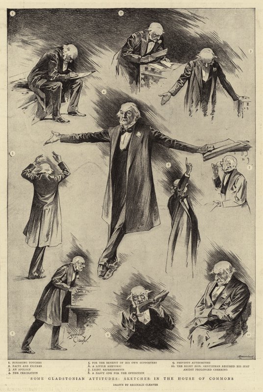 Quelques attitudes gladstoniennes, croquis à la Chambre des communes (gravure) - Reginald Thomas Cleaver