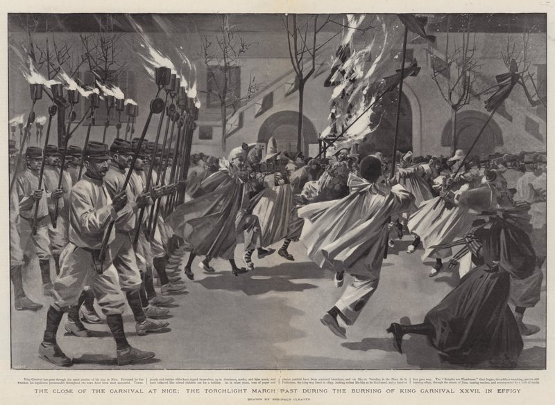 La clôture du Carnaval de Nice, le défilé aux flambeaux lors du bûcher du roi Carnaval XXVII en effigie (gravure) - Reginald Thomas Cleaver