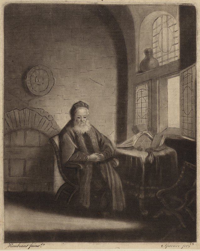 Un vieux philosophe barbu assis à un bureau devant une fenêtre - Rembrandt van Rijn