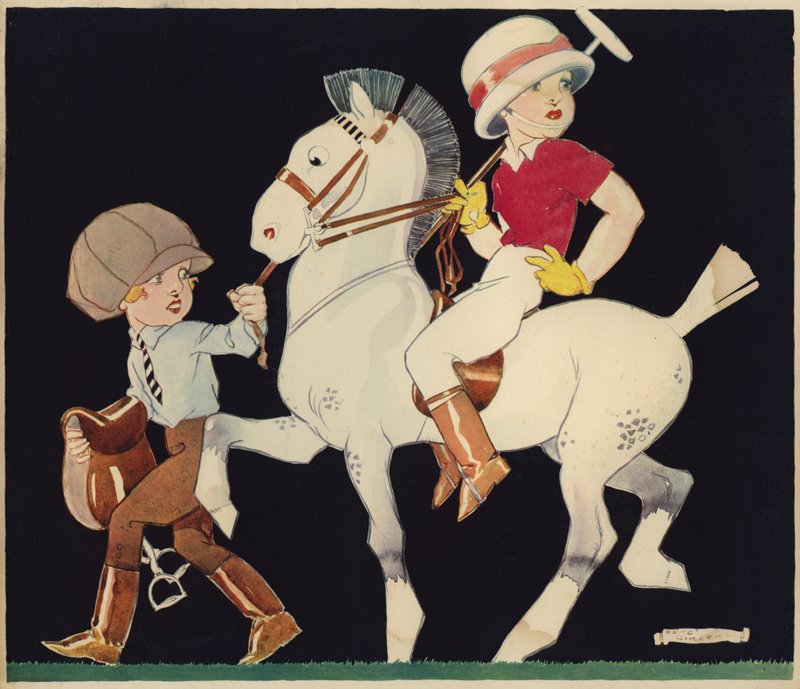 Garçon sur un poney de polo, conduit par une fille d