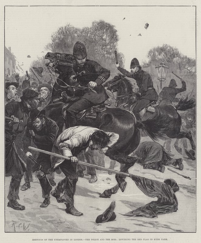 Réunions des chômeurs à Londres, la police et la foule, abaissant le drapeau rouge à Hyde Park - Richard Caton Woodville junior