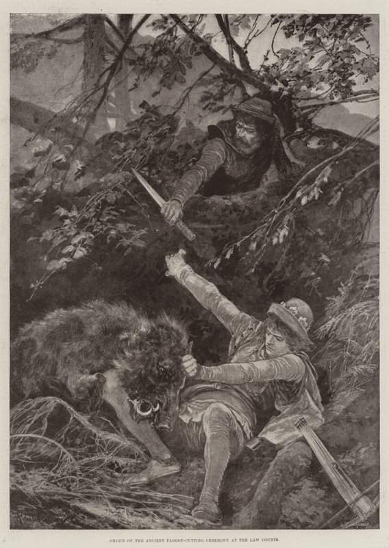 Origine de la cérémonie ancienne de coupe de fagots aux tribunaux - Richard Caton Woodville junior
